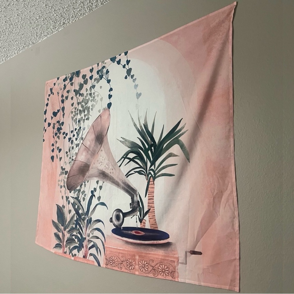 Pink Boho Retro Music Record Vintage Turntable Botanical Plant Art Wall Tapestry